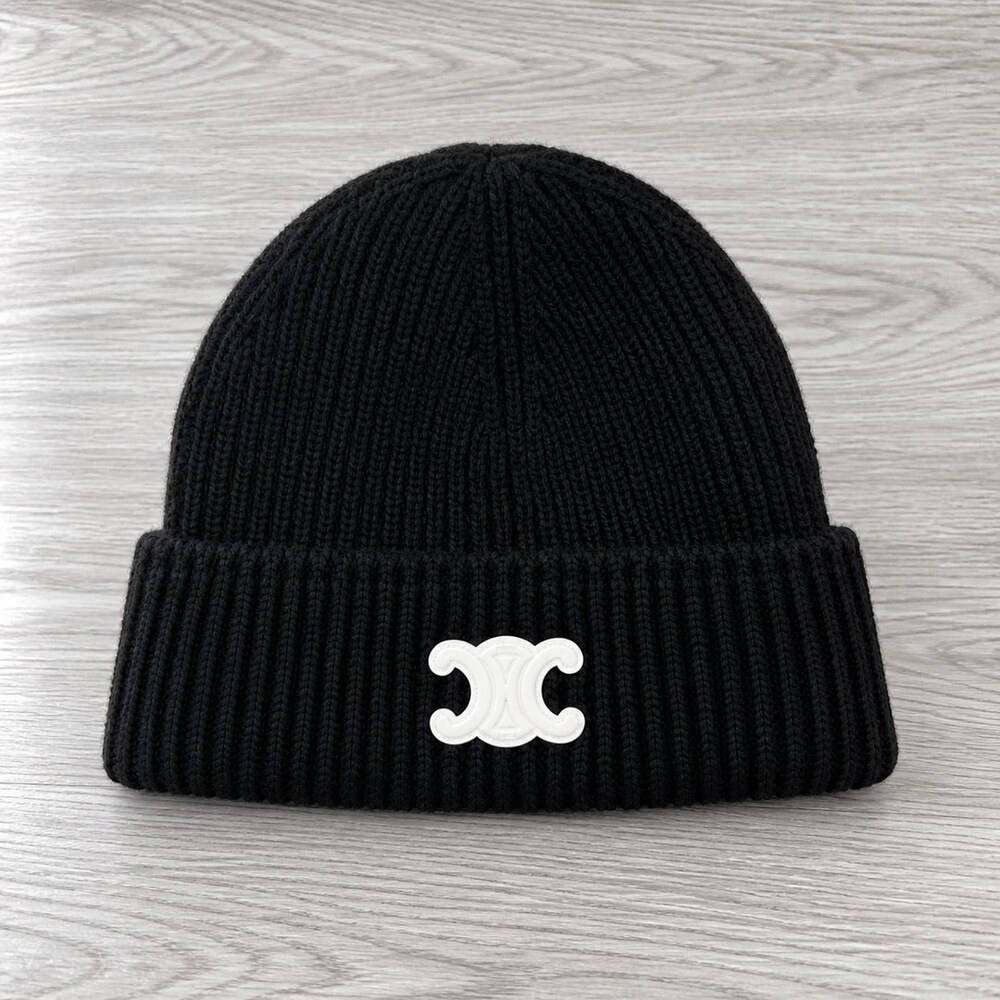 CELINE Triomphe Black Ribbed Knit Beanie